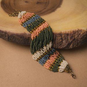 Boho Earth Tone Glass Seed Bead Wide Striped Coral Green Gold Beaded Bracelet